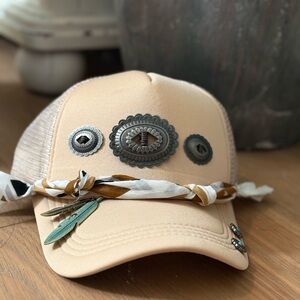Western Trucker Hat with Metal Accents and Bandana Detail
